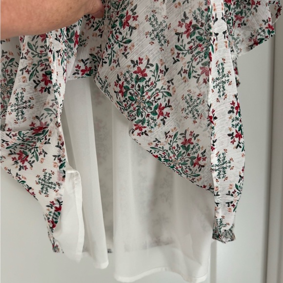 LOFT White & Floral Print Pleated Chiffon Blouse with Flutter Sleeves Size XL - Picture 7 of 12